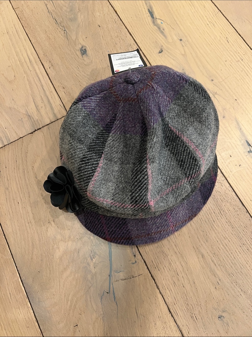 Woven Gray & Purple Plaid Newsboy Cap with Black Flower